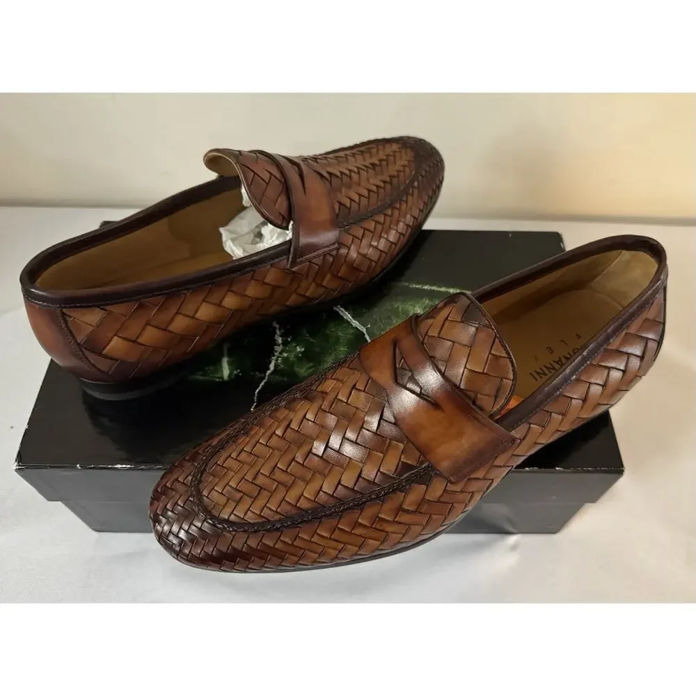 NIB Magnanni ‘Herman’ Cognac Brown Woven Leather Loafers 43.5EU/10.5US $595.00